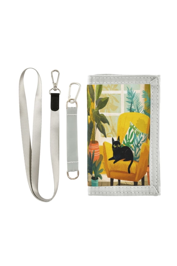 Cloth Wallet with Lanyard & Multiple Compartments Fashion Purse Zipper Clutch Bag for Cash Cards Coins Black Cat Lounging