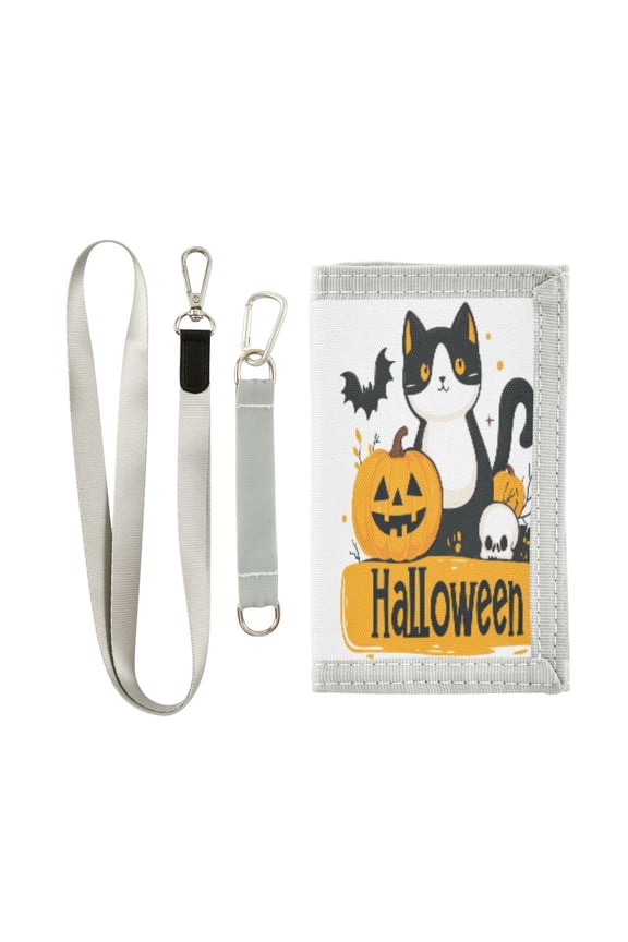 Cloth Wallet with Lanyard & Multiple Compartments Fashion Purse Zipper Clutch Bag for Cash Cards Coins Black Cat and Pumpkin Icons