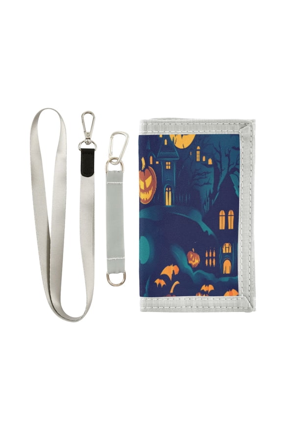 Cloth Wallet with Lanyard & Multiple Compartments Fashion Purse Zipper Clutch Bag for Cash Cards Coins Black Haunted House