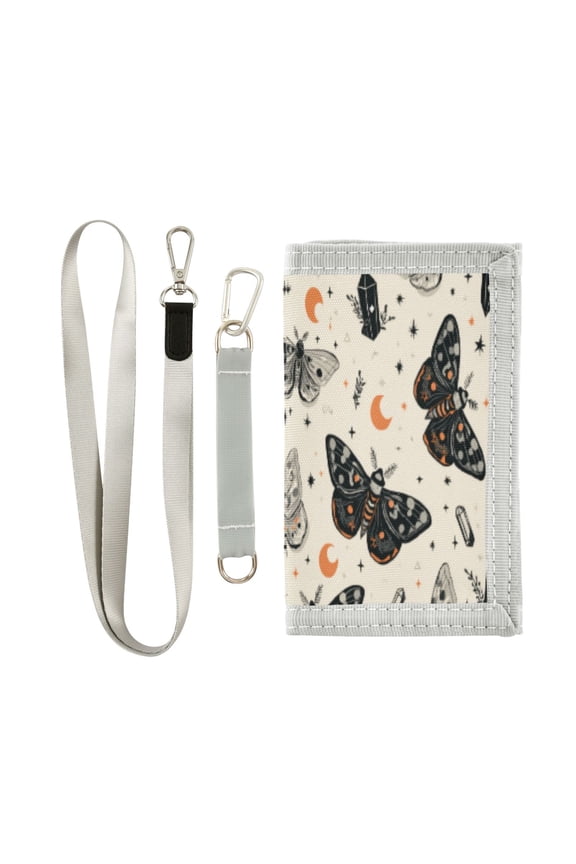 Cloth Wallet with Lanyard & Multiple Compartments Fashion Purse Zipper Clutch Bag for Cash Cards Coins Black and White Moths