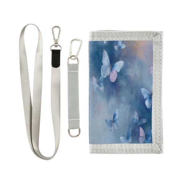 Cloth Wallet with Lanyard & Multiple Compartments Fashion Purse Zipper Clutch Bag for Cash Cards Coins Blue Butterflies Flying