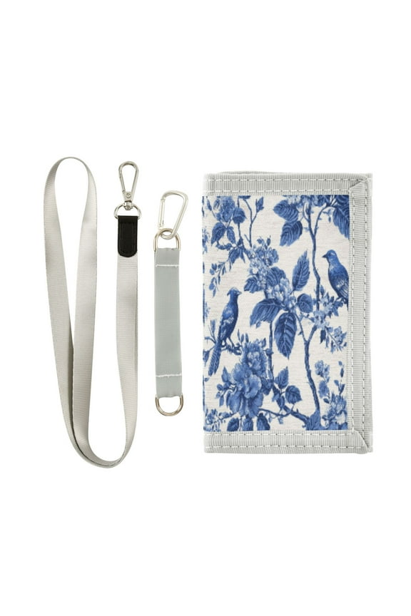 Cloth Wallet with Lanyard & Multiple Compartments Fashion Purse Zipper Clutch Bag for Cash Cards Coins Blue Flowers and Birds