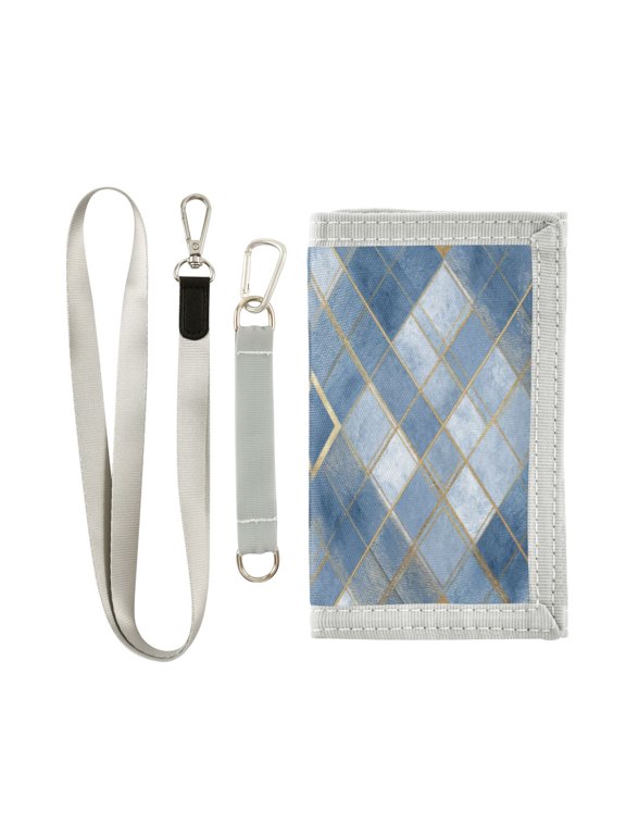 Cloth Wallet with Lanyard & Multiple Compartments Fashion Purse Zipper Clutch Bag for Cash Cards Coins Blue Plaid Pattern