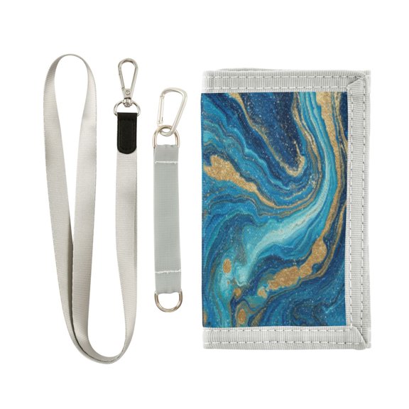 Cloth Wallet with Lanyard & Multiple Compartments Fashion Purse Zipper Clutch Bag for Cash Cards Coins Blue and Gold Ocean