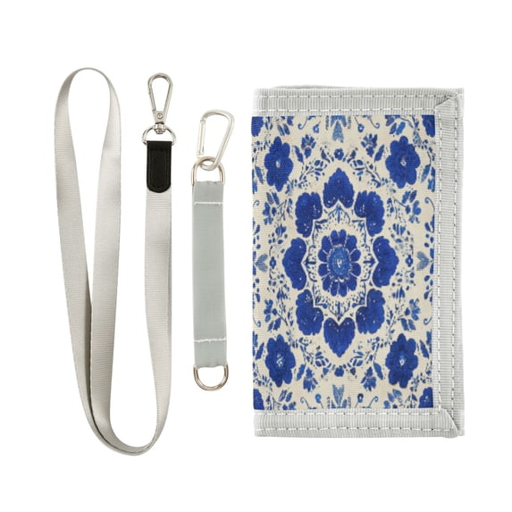 Cloth Wallet with Lanyard & Multiple Compartments Fashion Purse Zipper Clutch Bag for Cash Cards Coins Blue and White Batik Pattern