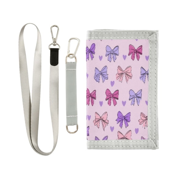 Cloth Wallet with Lanyard & Multiple Compartments Fashion Purse Zipper Clutch Bag for Cash Cards Coins Bows and Heart Pattern