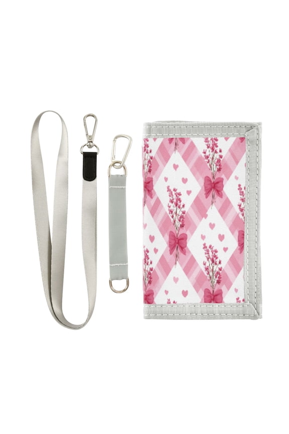 Cloth Wallet with Lanyard & Multiple Compartments Fashion Purse Zipper Clutch Bag for Cash Cards Coins Bows and Wildflowers Pattern