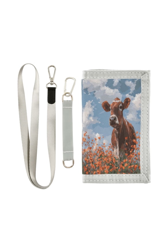 Cloth Wallet with Lanyard & Multiple Compartments Fashion Purse Zipper Clutch Bag for Cash Cards Coins Brown Cow