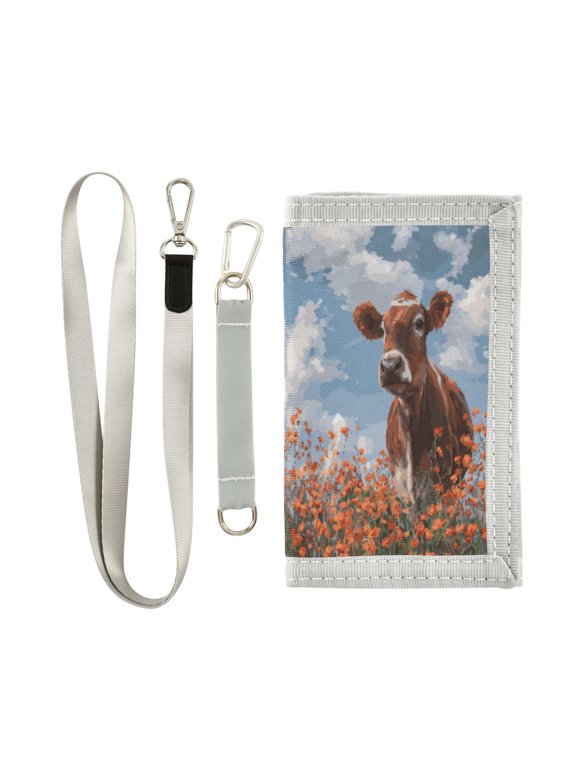Cloth Wallet with Lanyard & Multiple Compartments Fashion Purse Zipper Clutch Bag for Cash Cards Coins Brown Cow
