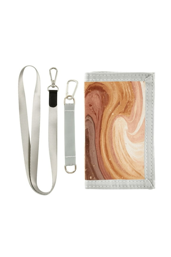 Cloth Wallet with Lanyard & Multiple Compartments Fashion Purse Zipper Clutch Bag for Cash Cards Coins Brown and Peach Swirling