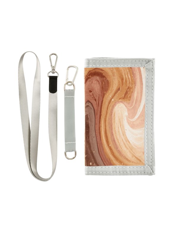 Cloth Wallet with Lanyard & Multiple Compartments Fashion Purse Zipper Clutch Bag for Cash Cards Coins Brown and Peach Swirling