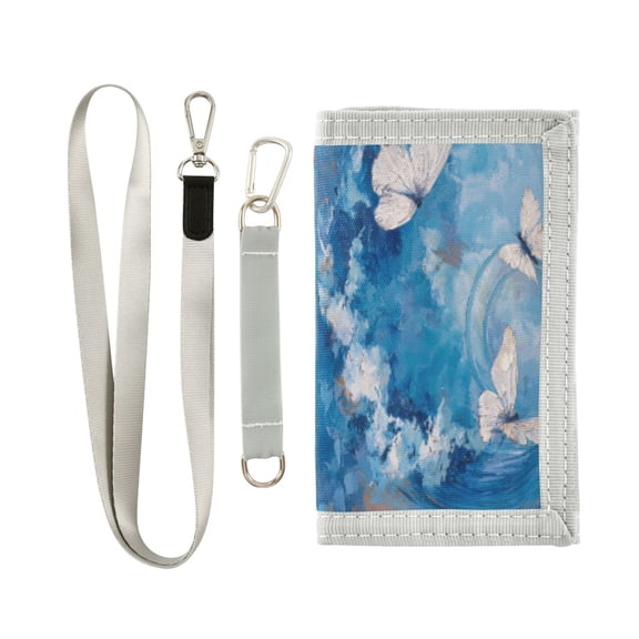 Cloth Wallet with Lanyard & Multiple Compartments Fashion Purse Zipper Clutch Bag for Cash Cards Coins Butterflies and Circular Motif