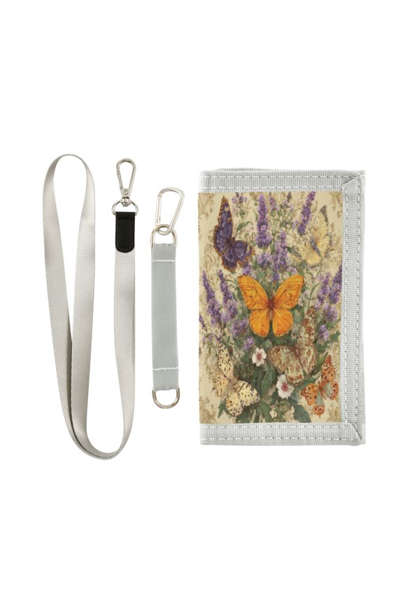 Cloth Wallet with Lanyard & Multiple Compartments Fashion Purse Zipper Clutch Bag for Cash Cards Coins Butterflies and Lavender Pattern