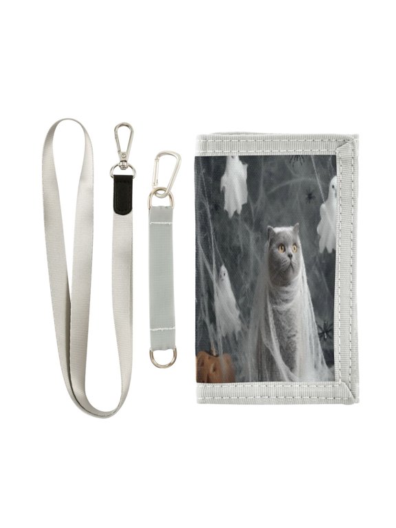 Cloth Wallet with Lanyard & Multiple Compartments Fashion Purse Zipper Clutch Bag for Cash Cards Coins Cat Dressed in White Gauze
