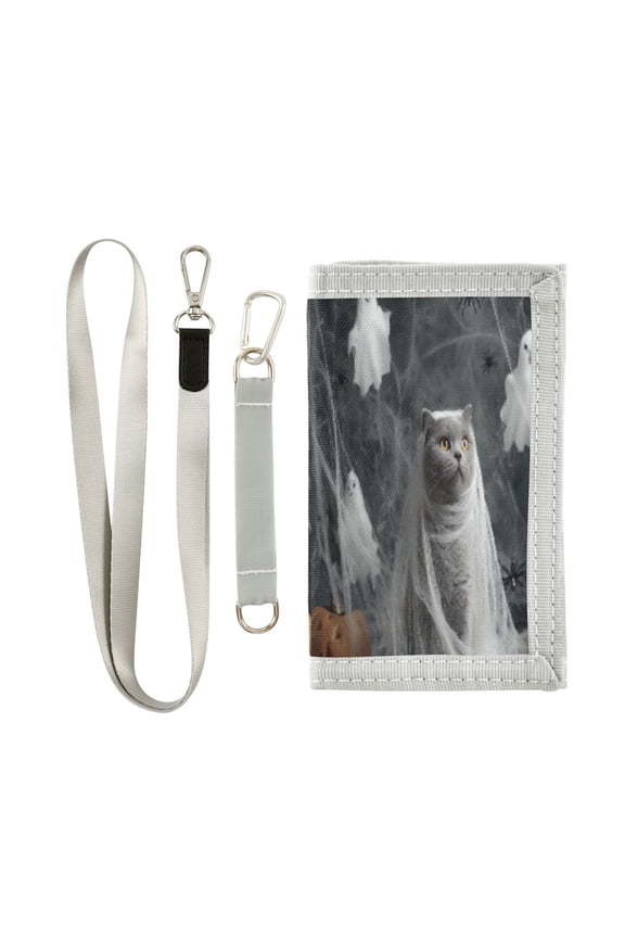 Cloth Wallet with Lanyard & Multiple Compartments Fashion Purse Zipper Clutch Bag for Cash Cards Coins Cat Dressed in White Gauze