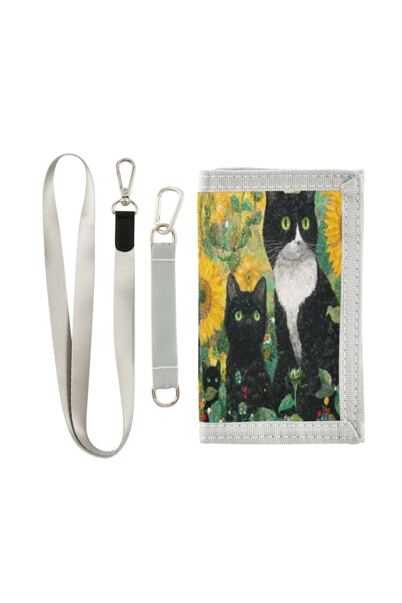Cloth Wallet with Lanyard & Multiple Compartments Fashion Purse Zipper Clutch Bag for Cash Cards Coins Cats in Sunflowers Garden