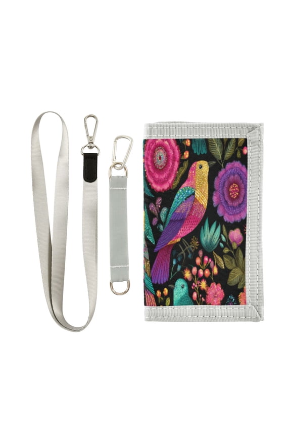 Cloth Wallet with Lanyard & Multiple Compartments Fashion Purse Zipper Clutch Bag for Cash Cards Coins Colorful Birds and Flowers