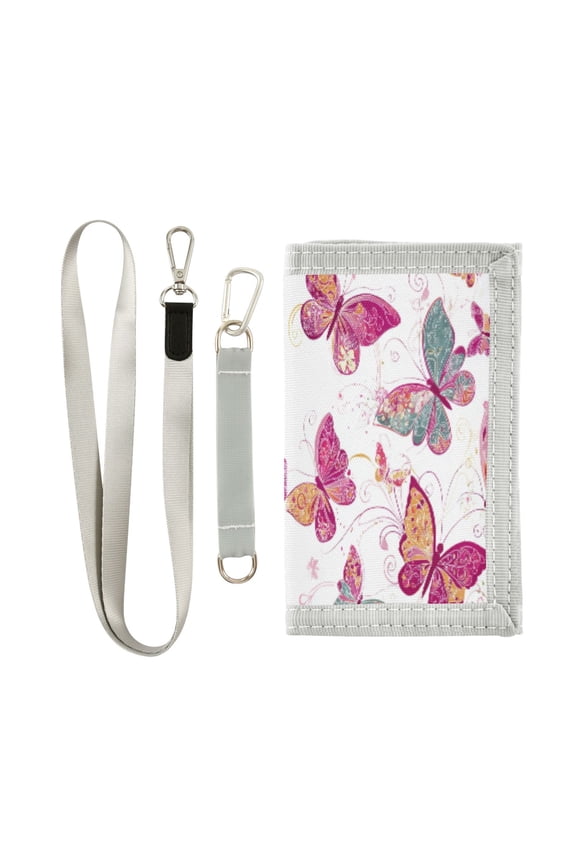 Cloth Wallet with Lanyard & Multiple Compartments Fashion Purse Zipper Clutch Bag for Cash Cards Coins Colorful Butterflies