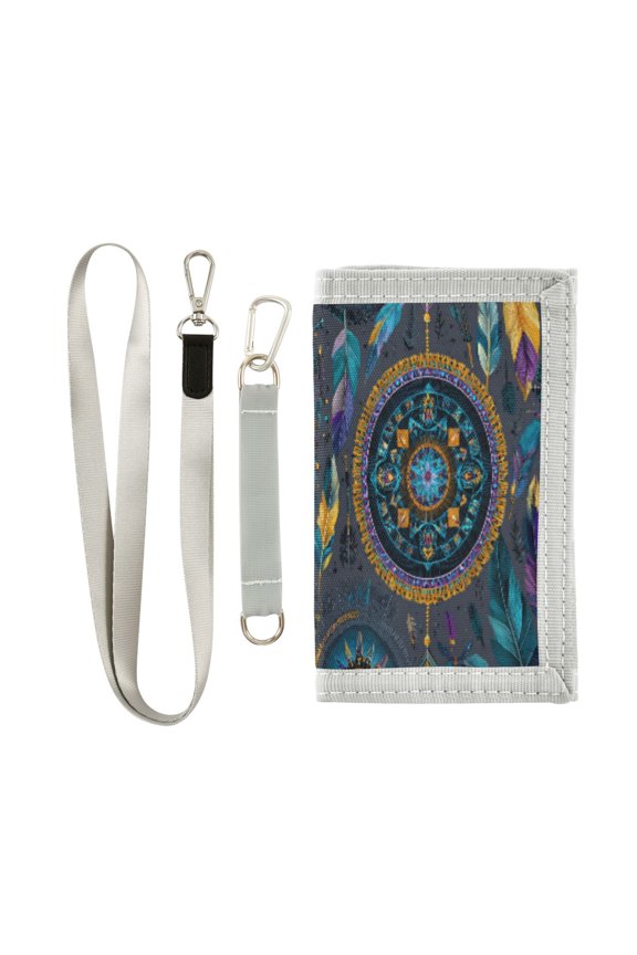 Cloth Wallet with Lanyard & Multiple Compartments Fashion Purse Zipper Clutch Bag for Cash Cards Coins Colorful Dreamcatcher and Arrows