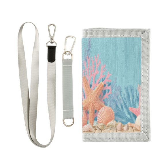 Cloth Wallet with Lanyard & Multiple Compartments Fashion Purse Zipper Clutch Bag for Cash Cards Coins Colorful Starfish and Seashells
