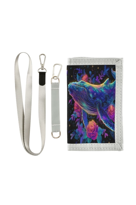 Cloth Wallet with Lanyard & Multiple Compartments Fashion Purse Zipper Clutch Bag for Cash Cards Coins Colorful Whale