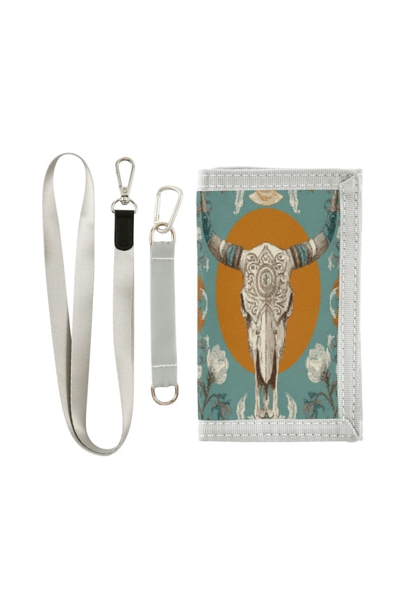 Cloth Wallet with Lanyard & Multiple Compartments Fashion Purse Zipper Clutch Bag for Cash Cards Coins Cow Sakull and Moon Pattern