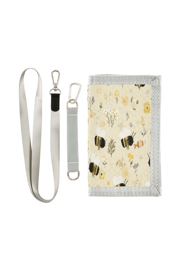 Cloth Wallet with Lanyard & Multiple Compartments Fashion Purse Zipper Clutch Bag for Cash Cards Coins Cute Bees and Honeycomb Pattern