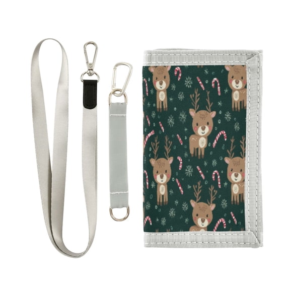 Cloth Wallet with Lanyard & Multiple Compartments Fashion Purse Zipper Clutch Bag for Cash Cards Coins Cute Christmas Reindeer Pattern