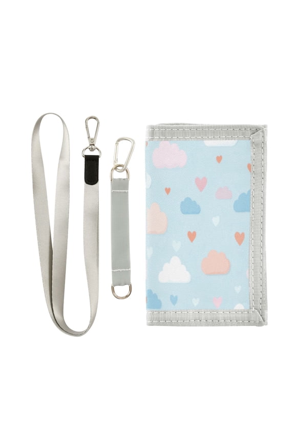 Cloth Wallet with Lanyard & Multiple Compartments Fashion Purse Zipper Clutch Bag for Cash Cards Coins Cute Clouds and Hearts Pattern