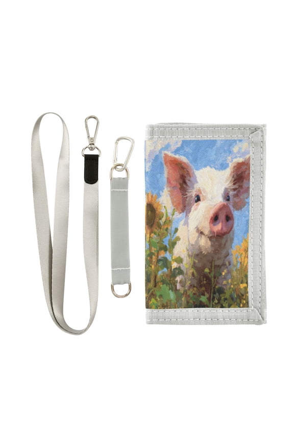 Cloth Wallet with Lanyard & Multiple Compartments Fashion Purse Zipper Clutch Bag for Cash Cards Coins Cute Pig with Sunflower Field