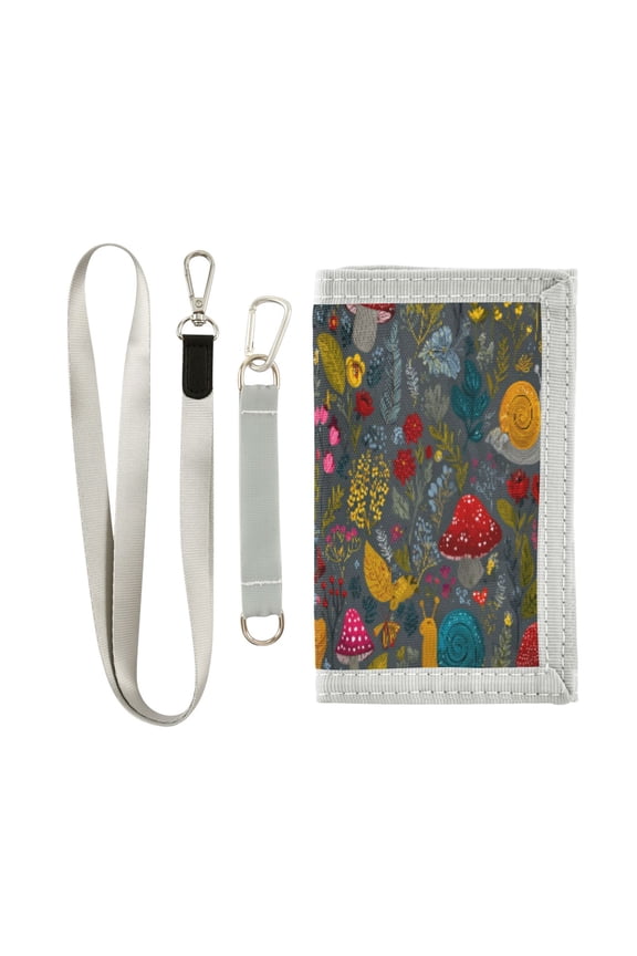 Cloth Wallet with Lanyard & Multiple Compartments Fashion Purse Zipper Clutch Bag for Cash Cards Coins Cute Snails and Mushrooms