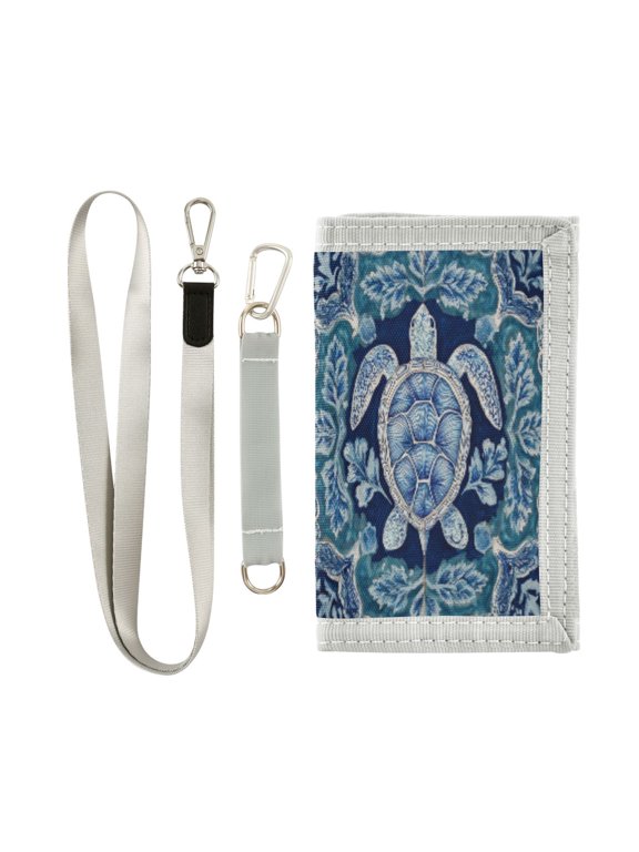 Cloth Wallet with Lanyard & Multiple Compartments Fashion Purse Zipper Clutch Bag for Cash Cards Coins Dark Teal Turtle Pattern