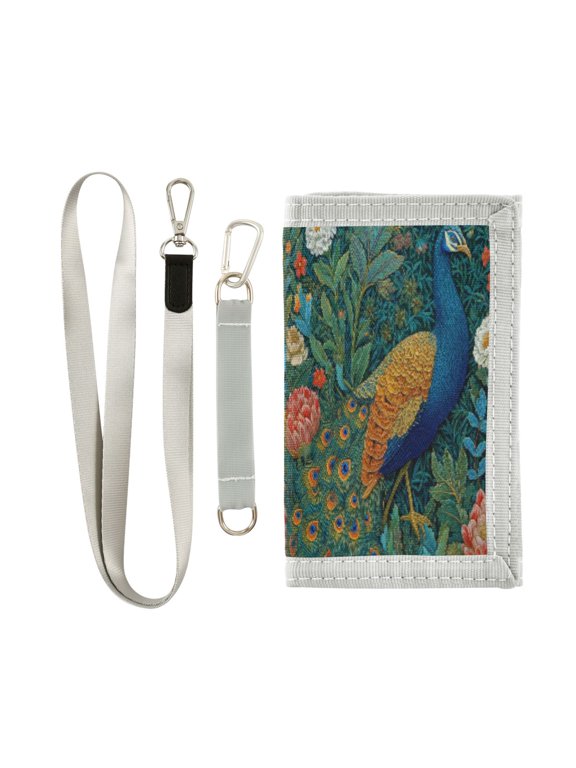 Cloth Wallet with Lanyard & Multiple Compartments Fashion Purse Zipper Clutch Bag for Cash Cards Coins Elegant Peacock