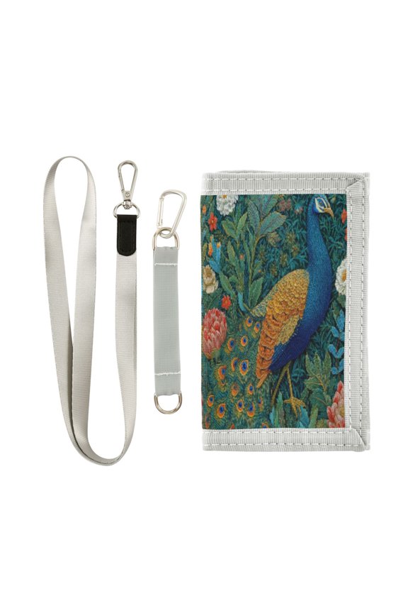 Cloth Wallet with Lanyard & Multiple Compartments Fashion Purse Zipper Clutch Bag for Cash Cards Coins Elegant Peacock
