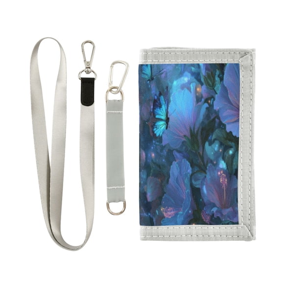 Cloth Wallet with Lanyard & Multiple Compartments Fashion Purse Zipper Clutch Bag for Cash Cards Coins Fantasy Luminous Flowers
