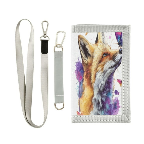 Cloth Wallet with Lanyard & Multiple Compartments Fashion Purse Zipper Clutch Bag for Cash Cards Coins Fox and Butterflies