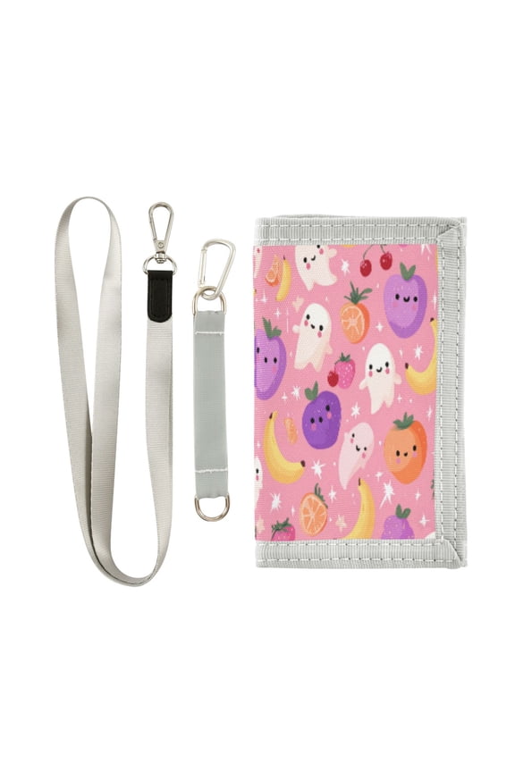Cloth Wallet with Lanyard & Multiple Compartments Fashion Purse Zipper Clutch Bag for Cash Cards Coins Fruit and Little Ghosts