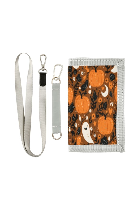 Cloth Wallet with Lanyard & Multiple Compartments Fashion Purse Zipper Clutch Bag for Cash Cards Coins Fun and Spooky Halloween Pattern