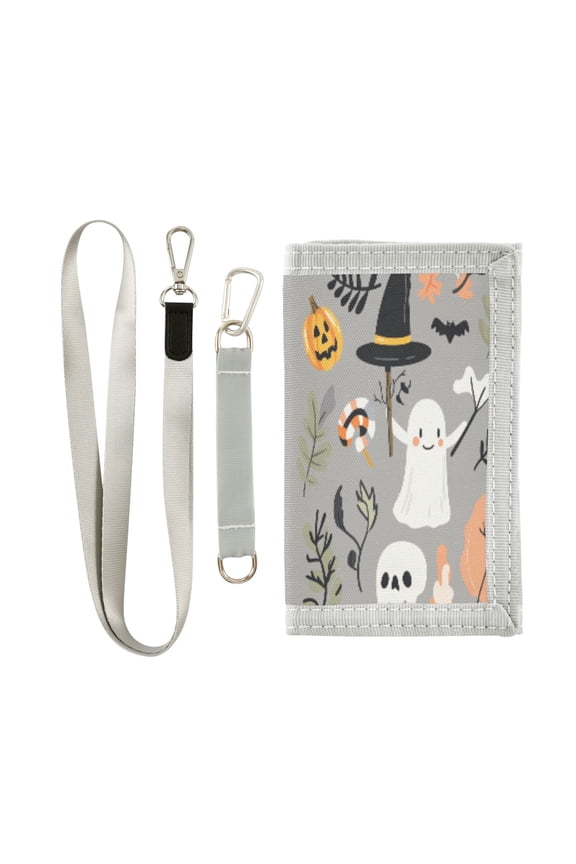 Cloth Wallet with Lanyard & Multiple Compartments Fashion Purse Zipper Clutch Bag for Cash Cards Coins Ghost Character