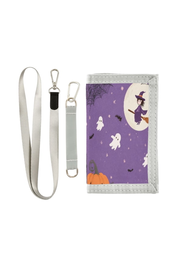 Cloth Wallet with Lanyard & Multiple Compartments Fashion Purse Zipper Clutch Bag for Cash Cards Coins Ghost and Flying Witch