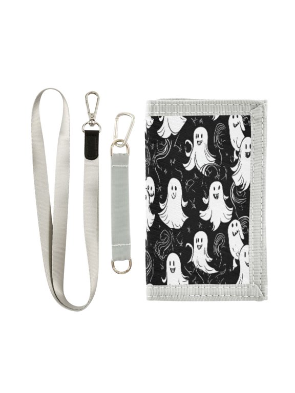 Cloth Wallet with Lanyard & Multiple Compartments Fashion Purse Zipper Clutch Bag for Cash Cards Coins Ghosts Pattern