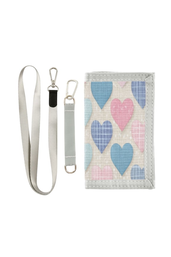Cloth Wallet with Lanyard & Multiple Compartments Fashion Purse Zipper Clutch Bag for Cash Cards Coins Gingham Heart-shaped Pattern