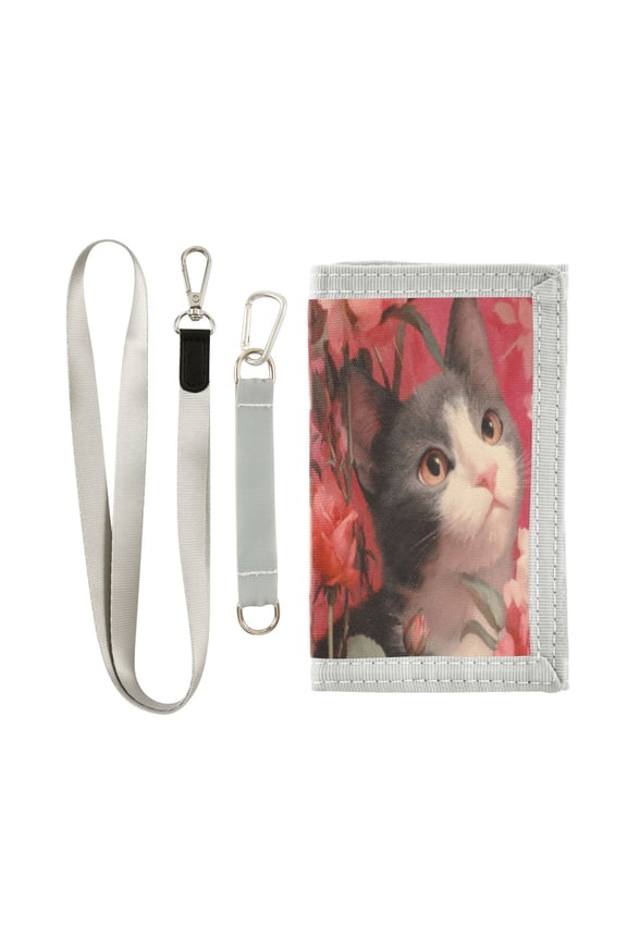 Cloth Wallet with Lanyard & Multiple Compartments Fashion Purse Zipper Clutch Bag for Cash Cards Coins Gray-white Cat with Rose