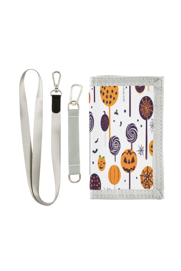 Cloth Wallet with Lanyard & Multiple Compartments Fashion Purse Zipper Clutch Bag for Cash Cards Coins Halloween Lollipops