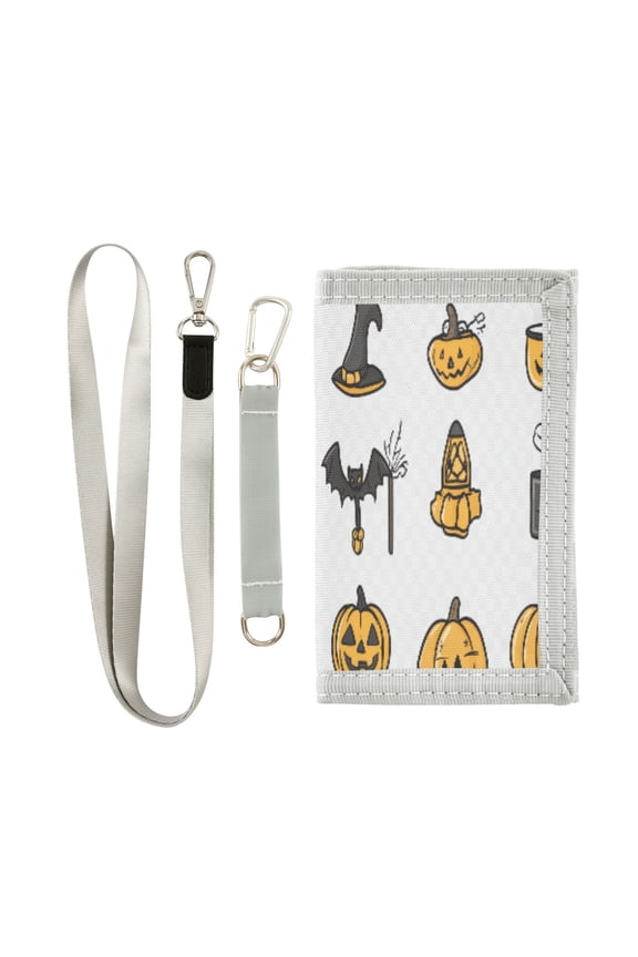Cloth Wallet with Lanyard & Multiple Compartments Fashion Purse Zipper Clutch Bag for Cash Cards Coins Halloween Pumpkins and Other Icons