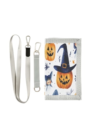 Cloth Wallet with Lanyard & Multiple Compartments Fashion Purse Zipper Clutch Bag for Cash Cards Coins Halloween Pumpkins and Witch