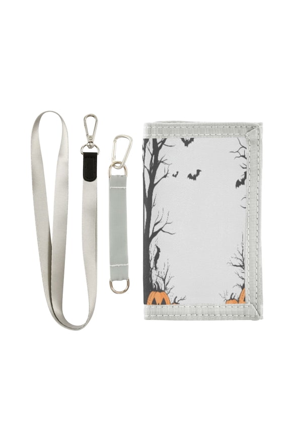 Cloth Wallet with Lanyard & Multiple Compartments Fashion Purse Zipper Clutch Bag for Cash Cards Coins Halloween with Spooky Trees