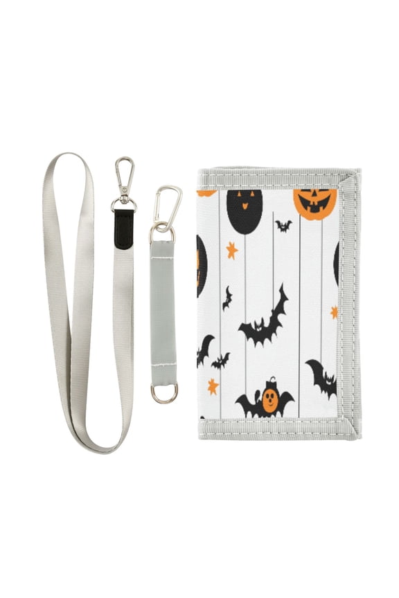 Cloth Wallet with Lanyard & Multiple Compartments Fashion Purse Zipper Clutch Bag for Cash Cards Coins Hanging Pumpkins and Bats
