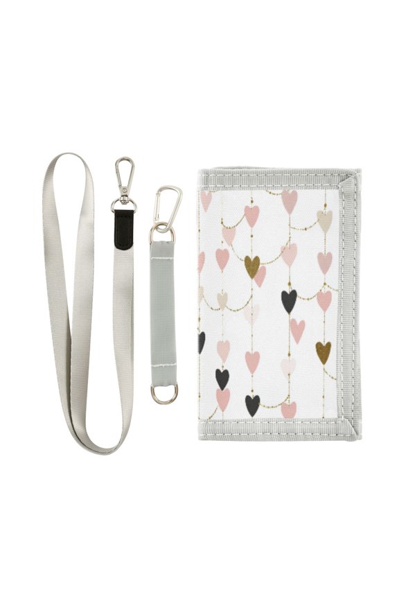 Cloth Wallet with Lanyard & Multiple Compartments Fashion Purse Zipper Clutch Bag for Cash Cards Coins Hearts and String Garland