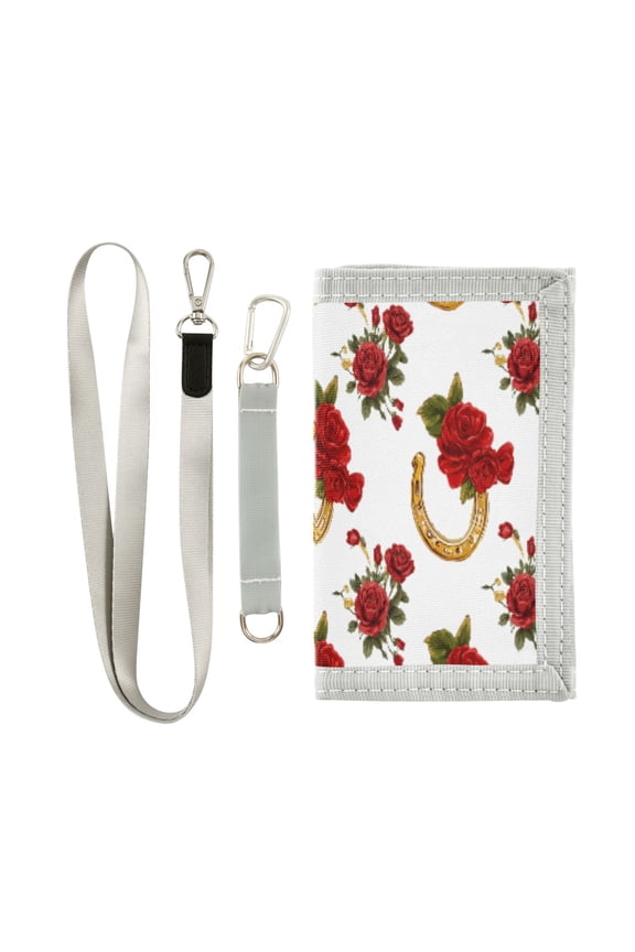 Cloth Wallet with Lanyard & Multiple Compartments Fashion Purse Zipper Clutch Bag for Cash Cards Coins Horseshoe Pattern with Red Roses